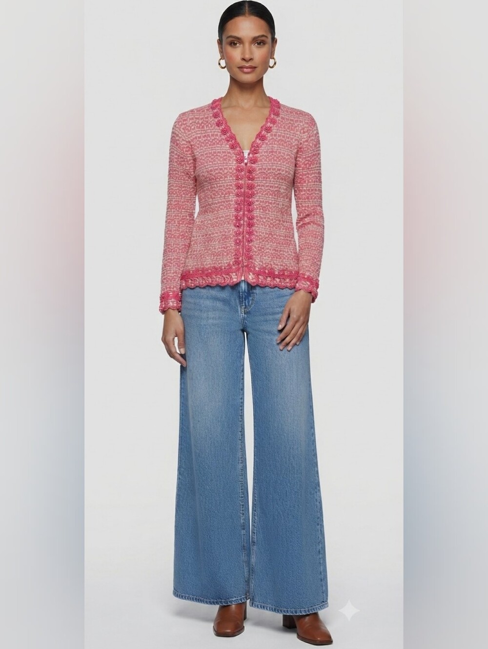 Vintage Storybook Knits Pink Jacquard Floral Beaded Zip Cardigan Sweater Size XS